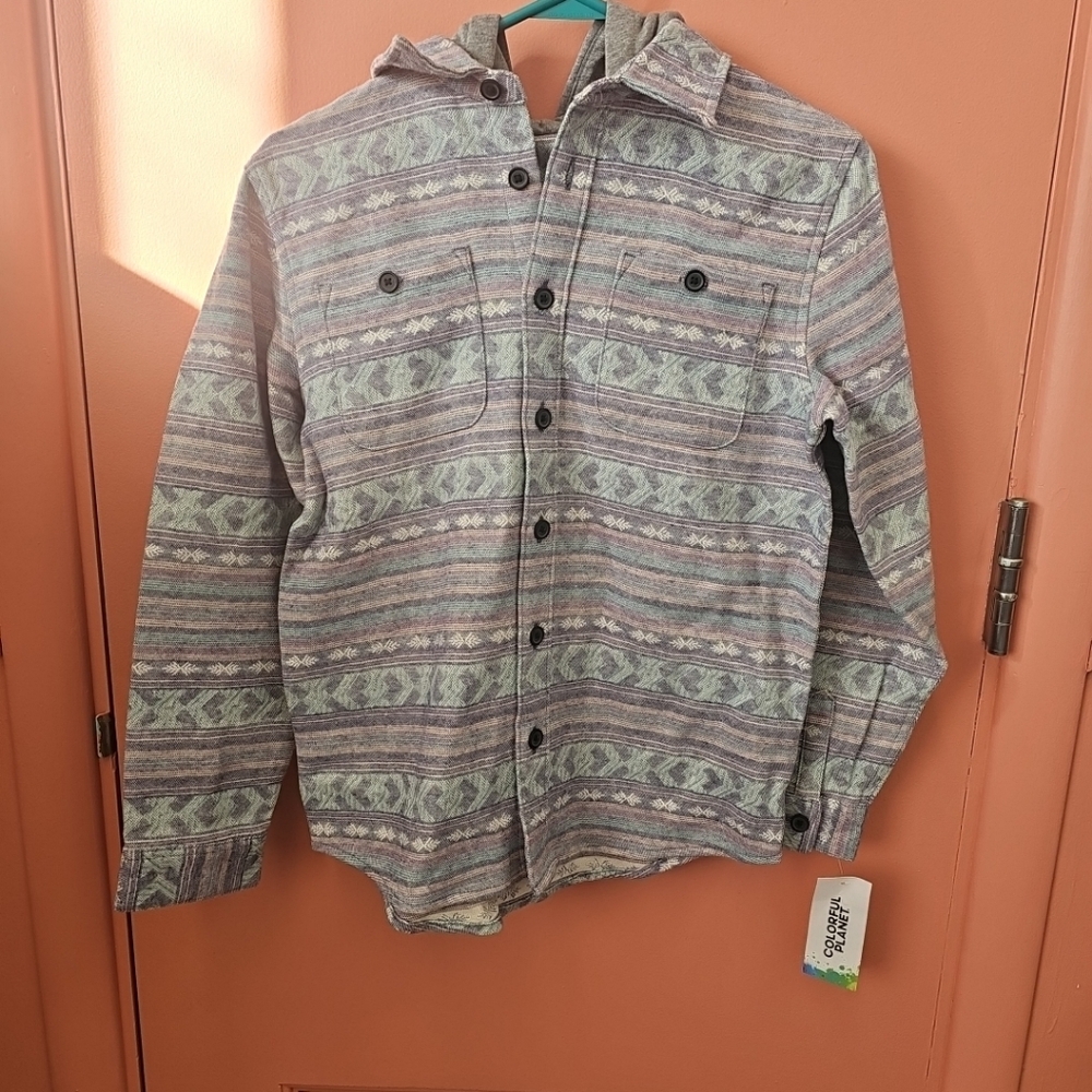 NWT Boys Large (10/12) Printed Hooded Shacket Colorful Planet Jacket Shirt